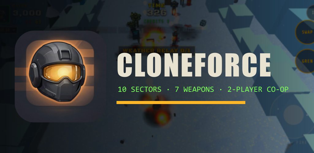 Cloneforce: a soldier helmet with a red visor and the game title